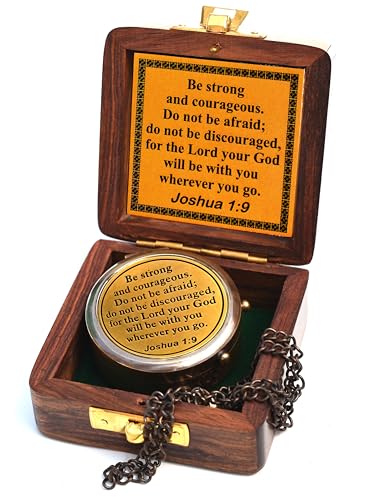 Be Strong and Courageous (Joshua 1:9) Brass Compass with wooden Box-Engraved Scripture Prayer Compass Religious Gift for Men & Women - Baptism, Confirmation, Communion Compass for Boys Graduation Gift - style: #2 Be Strong and Courageous Compass (Joshua 1