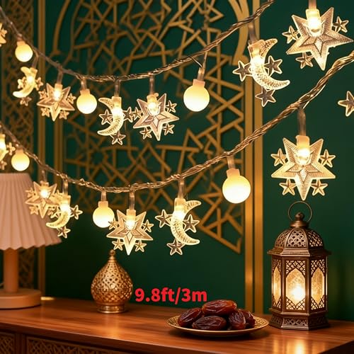 Led Fairy Lights, LED String Lights Adorned with Ramadan Stars, Moons for Bedroom, Christmas, Parties, Wedding, Centerpiece, Decoration (3m/9.8ft Warm White)