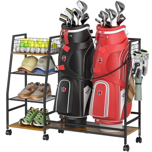 DAOUTIME Golf Bag Storage Rack for Garage with Wheels, Organizer for Golf Bag and Equipment Accessories, Golf Organizer Stand Ideal for Home, Garage, Club, Shed, Basement - Sturdy and Durable (Black) - size: 2 bags