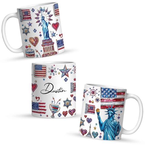 Custom Name Statue Of Liberty White Mug, Customized American Patriotic Full Wrap Mug, Personalized Independence Day Coffee Cup, USA Themed Ceramic Cup 11oz 15oz, Fourth Of July Mug - color: XUA-1124-3660-Fourth Of July Mug