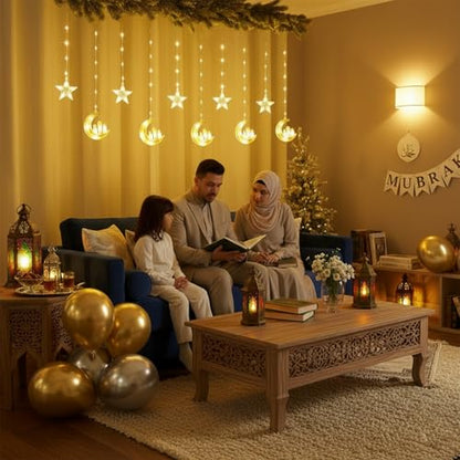 Ramadan Curtain Lights,135 LED Star & Castle String Lights,USB Powered Dimmable Twinkle Curtain Fairy Lights,8 Lighting Modes Warm White Window Light,Ramadan Decorations for Home Indoor Decor