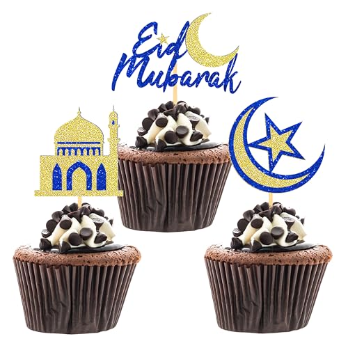 24 Pcs Eid Mubarak Cupcake Toppers for Eid Islamic Muslim Party Cake Decorations (Blue Gold) - color: Blue Gold