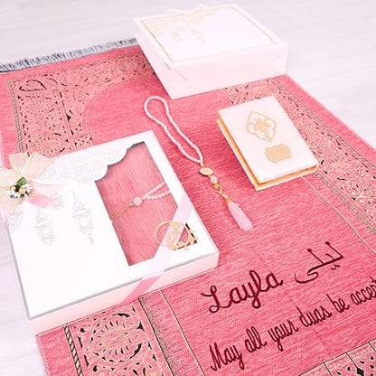IEF Personalized Wedding Gifts Prayer Mat, Eid Gifts Quran Prayer Beads Set Birthday Gifts for Women Mother's Day Gifts Anniversary Gift Chenille Prayer Rug Pearl Prayer Beads Arabic Quran (Pink) - color: Pink