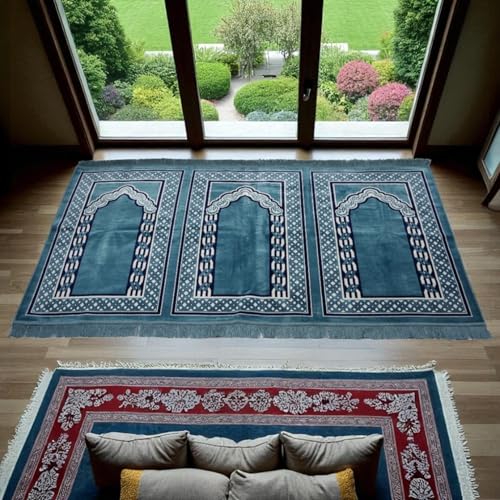 Modefa Muslim Prayer Rug Wide Multi Person Velvet Floral Carpet(Vined Blue) - color: Vined Blue