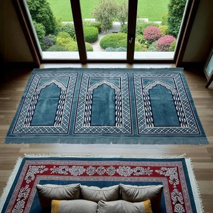 Modefa Muslim Prayer Rug Wide Multi Person Velvet Floral Carpet(Vined Blue) - color: Vined Blue