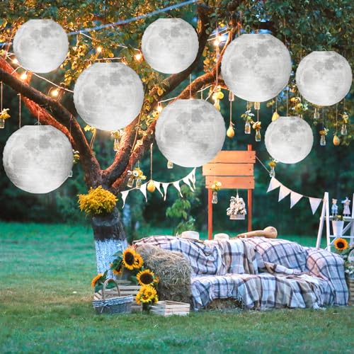 Baquler 12 Pcs 12" Back to School Moon Lanterns Classroom Ceiling Hanging Decoration Space Moon Party Birthday Decorations Decorative Grey Hanging Ball Paper Lanterns for Room Classroom Party