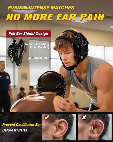 Trymaker Wrestling Headgear, Head Gear for Men and Youth with Chin Cup, Dual-Layer Ear Guard for MMA, BJJ (for Users Age 10+) - color: Black Headgear & Black Strap