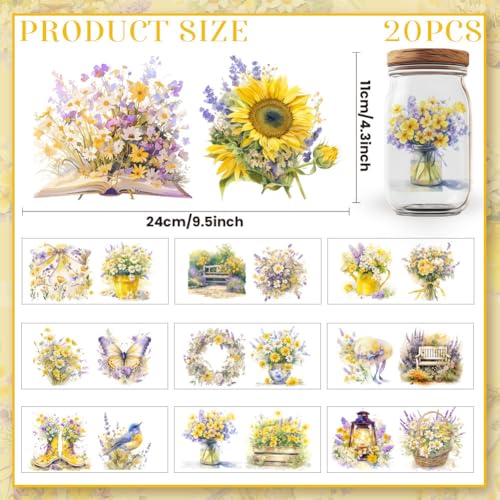 20 Pcs Spring Flowers UV DTF Cup Wraps for 16OZ Glass, 4.3 x 9.4 Inch Flower UV DTF Transfer Stickers Colorful Spring Elements Rub on Transfer Decals for Glass Bottle Vase Furniture Crafts - style: Spring Flower