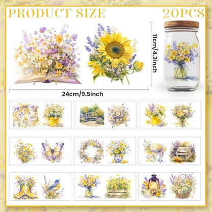 20 Pcs Spring Flowers UV DTF Cup Wraps for 16OZ Glass, 4.3 x 9.4 Inch Flower UV DTF Transfer Stickers Colorful Spring Elements Rub on Transfer Decals for Glass Bottle Vase Furniture Crafts - style: Spring Flower