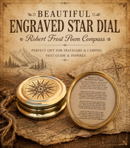 Antiqued Brass Robert Frost Poem Compass with Wooden Box, Inspirational Gifts for Woman, Aniversity Gifts for Men,Engraved,Wedding for Boys, Pocket Compass for Hiking Survival