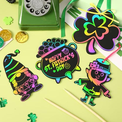 FEBSNOW 48 PCS St. Patrick’s Day Crafts for Kids, Rainbow Magic Scratch Art Shamrock Hanging Ornaments Scratch Paper Cards for St Patricks Day Party Favors Kids School Classroom DIY Crafts Decorations - style: St. Patrick’s Day
