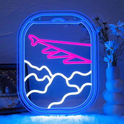 WLHOPE Airplane Window View Neon Signs Blue Pink LED Neon Sign for Wall Decor, USB Plane Window Clouds Neon Light Up Signs for Bedroom Living Room Game Room Office Shop Airport Wall Art Decor - color: Fly View