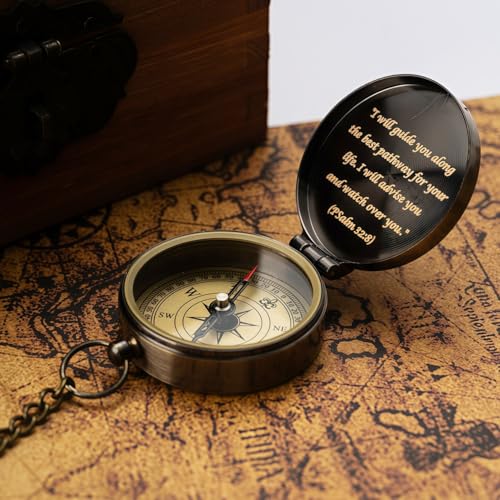 God's Guide & Blessing Compass, Trust in The Lord Compass, Wood Box Greeting, Inspirational Gift Men, Christian Boys Baptism Gifts, Graduation Day with Wooden Box - color: 1.Bronze GOD's Guide & Blessing Wooden Box