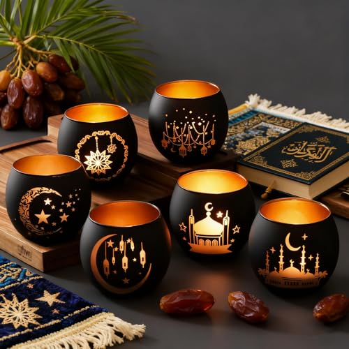 SHMILMH Ramadan Table Decor, Ramadan Mubarak Decoration, Glass Votive Tealight Candle Holders, Eid Decorations for Home Gift - color: Black
