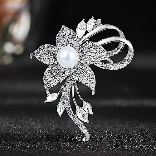 Crystal Pearl Flower Brooches Pins Fashion Beautiful Created Rhinestone Floral Brooch Good Idea for Party Dance Wedding Banquet for Elegant Women Girl - color: Silver Flower