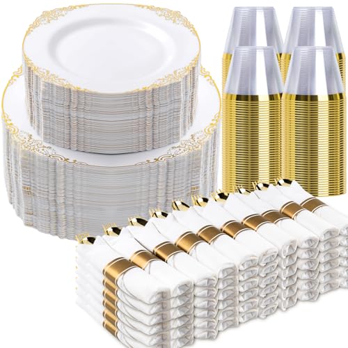 Bestluck 700PCS Gold Disposable Dinnerware for 100 Guests - color: Gold, size: 100 Guests Set