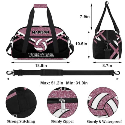 Custom Name Sports Volleyball Bag, Gym Bag Sports Travel Duffle Bag Tote Carry On Weekend Sports Travel Bag, Water Pink Glittering with Black - color: Pink Black