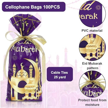 Whaline 100 Pcs Eid Mubarak Cellophane Bags with Ribbon Ramadan Plastic Treat Bags Purple Gold Candy Goodie Bag for Islamic Muslim Party Snack Cookie Packing Supplies - color: Purple Gold