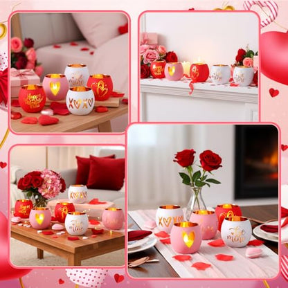 FoldTier 6 Pcs Valentines Candle Holders Love Glass Tealight Votive Candle Holder for Table Centerpiece Valentine's Day Wedding Party Decoration Home Tabletop Decor Gift - style: Valentines