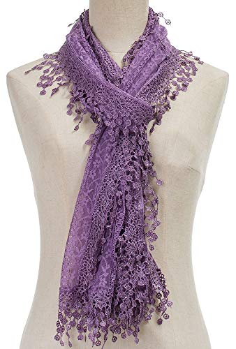 Cindy & Wendy Lightweight Soft Leaf Lace Fringe Scarf Bridal Shawl for Women - color: Light Purple-2