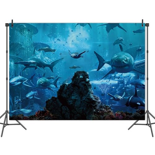 7x5FT Shark Under The Sea World Photo Backdrop Aquarium Reef Photography Background Banner Polyester Fabric Studio Props Booth Video Shooting Decorations Supplies