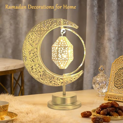 Lifnatty Ramadan Moon Lamp Decorations, Crescent Moon with Ramadan Lantern, Rotating Ramadan Table Lamp, Ramadan Decorations for Home, Eid Mubarak Decorations, Battery Operated Metal Eid Gifts