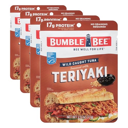 Bumble Bee Teriyaki Seasoned Tuna Pouch - Wild Caught and Ready to Eat for Snack, Salad, Korean Tuna Bowl - 17g Protein per Serving - PERFECT, PORTABLE, GOODNESS - 2.5 oz Packet (Pack of 4) - size: 2.5 Ounce (Pack of 4)
