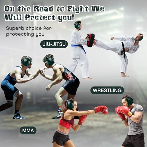 Halloscume Kids Wrestling Headgear with Adjustable Ear Guard Straps MMA Jiu Jitsu Grappling Protective Headgear for Youth Adults Men Women Comfortable Training & Tournament - color: Dark Green/Black