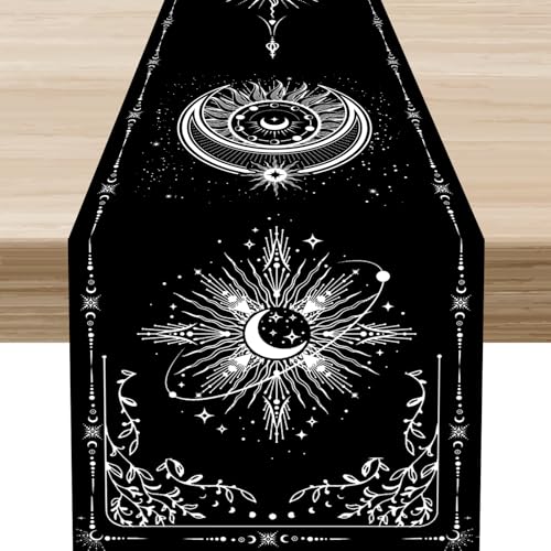 Mystical Sun Moon Table Runner, Mystical Tarot Vintage Astrological Golden Stars Print Table Center Decor for Family Kitchen Table Decorations Indoor Outdoor 13x36 inch - color: Moon-6, size: 13x36" Table Runner