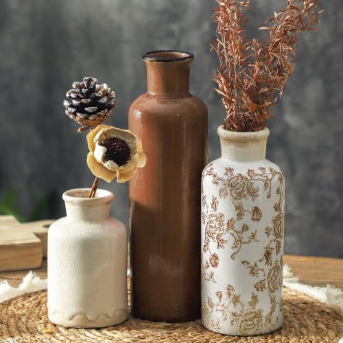 Vintage Vase Set of 3, Ceramic Vintage Flower Vases, Chinoiserie Decorative Home Decor Retro Floral Vase Rustic Farmhouse Decor for Table Bookshelf Mantel Kitchen Living Room Office - Brown - color: 007 Vintage - Brown