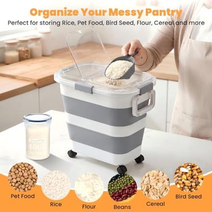 30 Lbs Rice Storage Container with Wheels, Collapsible Airtight Dog Food Storage Container with Transparent Lid, Measuring Cup, Scoop, Handle, BPA Free Rice Holder for Pet Food, Grain, Bird Seed - color: Grey/25-30lbs