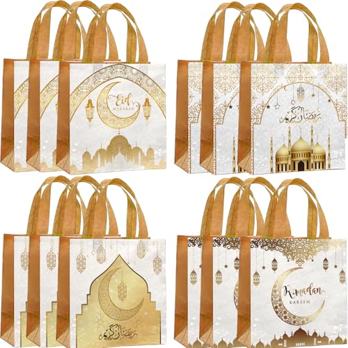 Yssreey Eid Mubarak Reusable Gift Bags 12pcs Ramadan Goodie Bags with Handles Non Woven Treat Bags for Ramadan Kareem Eid Mubarak Party Supplies