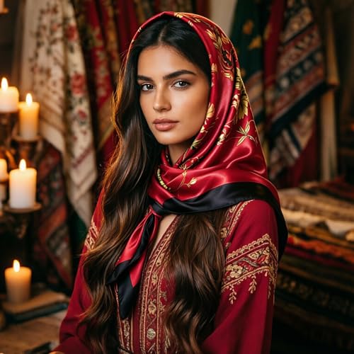 DRESHOW 35” Large Square Satin Head Scarf - 4Pcs Silk Accessories Classic Patterned Squares Beach Bandanas for Women - color: 4 Pcs Printed: Light Pink, Red, Army Green, Beige