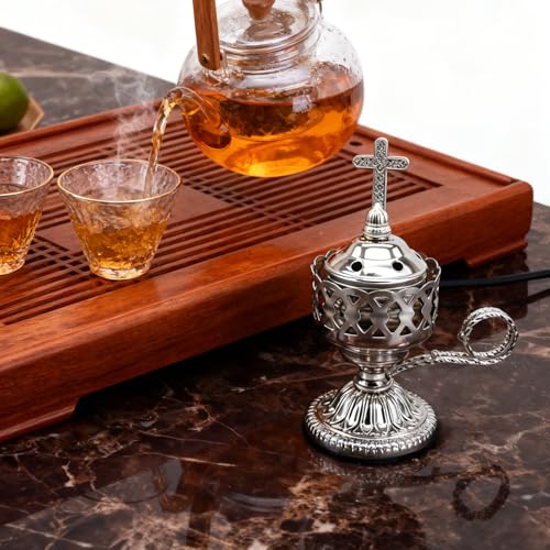 Electric Incense Burner, Frankincense Charcoal Incense Stand, Bakhoor Incense Burner Holder, Ideal for Aromatherapy, Yoga and Spa, Home and Christian Church Censer (Silver)
