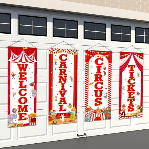 Panelee 4 Pcs Carnival Circus Party Decorations Welcome Carnival Circus Tickets Porch Banner Hanging Backdrop for Halloween Birthday Baby Shower Door Wall Indoor Outdoor Decor - style: Carnival Circus