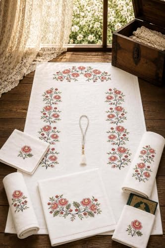 5-Piece Traditional Cross-Stitch Prayer Rug Set | Red | 27.5 x 43.3 inches | Includes Embroidered Rug, Pouch, Quran Cover, Towel & Prayer Beads | appropriate for Dowry & Wedding Gifts - Red, 28x43 inc