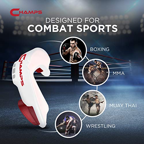 Champs MMA Breathable Mouth Guard for Boxing, MMA, Jiu Jitsu, Muay Thai, Wrestling & Combat Sports – Easy Fit, Boil & Bite Design Mouthpiece – Durable Boxing Mouthguard for Men & Adults, Case Included - color: White