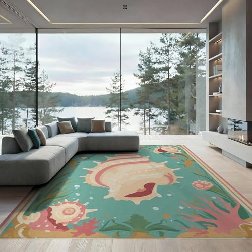 6'x9' Washable Beachy Seashell Area Rug, Seafoam Green Foldable Non-Slip Large Carpet for Queen Size Bedroom, Under Bed, Master Bedroom, Foldable Easy Care Carpet| Ref:1952455 - color: Green/Pattern 1, size: 6' x 9' (Rectangular)