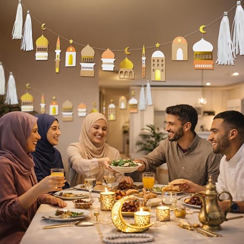 Cheerland Ramadan Banner Eid Mubarak Banner Ramadan Decorations Garland Gold White Party Decorations Islamic Mosque Garlands Islam Party Hanging Decor Gold Star Moon Crescent Muslim Party Supplies