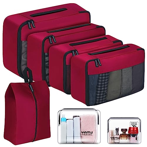 YAMIU Packing Cubes for Suitcases, 7 Pcs luggage organizer bags with Shoe Bag, 2 Waterproof Travel Toiletry Bags, Travel Cubes for Travel Essentials Travel Accessories - color: Wine Red