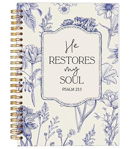 Christian Notebook for Women, Christian Gifts Journal, Prayer Journal for Women, Bible Journaling Notebook, PSALM 23:3 He Restores My Soul Floral Spiral Notebook 5.5x8.3 - color: 17-Christian-notebook
