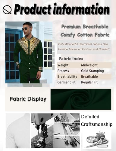 Mens African 2 Piece Set Metallic Traditional Suit Gold Stamp Printed African Dashiki Shirt and Pants Outfit - color: Dark Green, size: Large