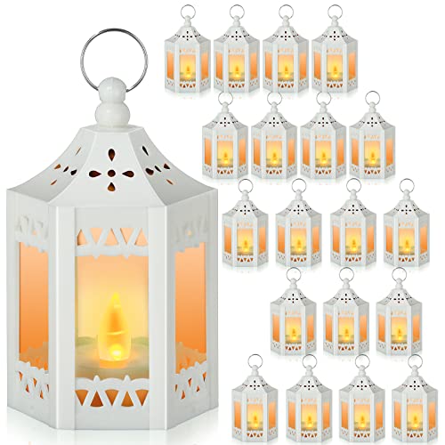 Hortsun 30 Pcs Mini Vintage Lantern Decorative 4.3 Inches Wedding Table Centerpiece LED Candles Lamp Battery Powered Hanging Tealight Lantern for Home Indoor Outdoor Party Decor(White) - color: White
