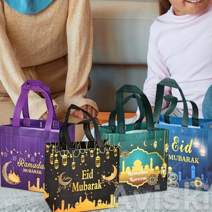 Aviski 16PCS Eid Mubarak Reusable Gift Bags, Treat Bags with Handles, Ramadan Mubarak Party Bags, Multifunctional Non-Woven Eid Bags for Gifts Wrapping, Ramadan Kareem Party Supplies, 23×22×11cm