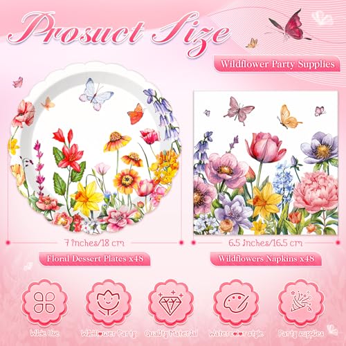 Funnymoom 96 Pcs Wildflower Tableware Set for 48 Guests Include 48 7 Inch Dessert Plates and 48 Napkins Watercolor Disposable Dinnerware for Birthday Holiday Tea Party Supplies - style: Wildflower
