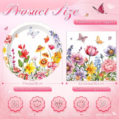 Funnymoom 96 Pcs Wildflower Tableware Set for 48 Guests Include 48 7 Inch Dessert Plates and 48 Napkins Watercolor Disposable Dinnerware for Birthday Holiday Tea Party Supplies - style: Wildflower