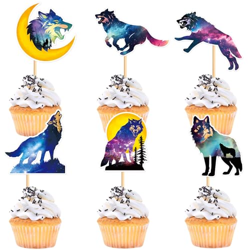 Ercadio 24 PCS Black Wolf Cupcake Toppers Silhouette Black Glitter Cupcake Topper Wolf Cupcake Decoration Picks Animal Theme for Baby Shower Kids Birthday Party Decoration Supplies - color: Wolf Purple