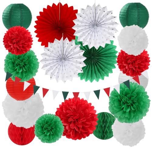 Red Green-White Christmas Party Decorations - 20pcs Mexican Italian Paper Lanterns Fans,Tissue Pom Poms,Honeycomb Balls,Bunting,Birthday Mexico Italy Baby Shower Wedding Decor Burgleda - color: Red-Green White
