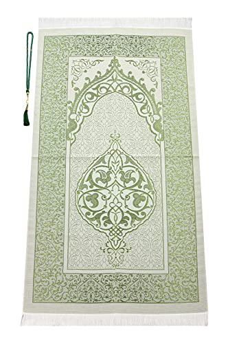 ihvan online Muslim Prayer Rug and Prayer Beads with Elegant Design Cylinder Gift Box, Janamaz, Soft Sajadah, Islamic Gifts Set, Portable Prayers Carpet Mat, Taffeta Fabric, Green - color: Green