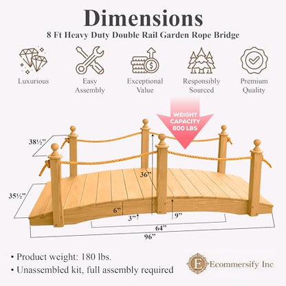 8 FT Oak Amish Rope Rail Garden Bridge, Pinewood - size: 8 FT Bridge & Rope